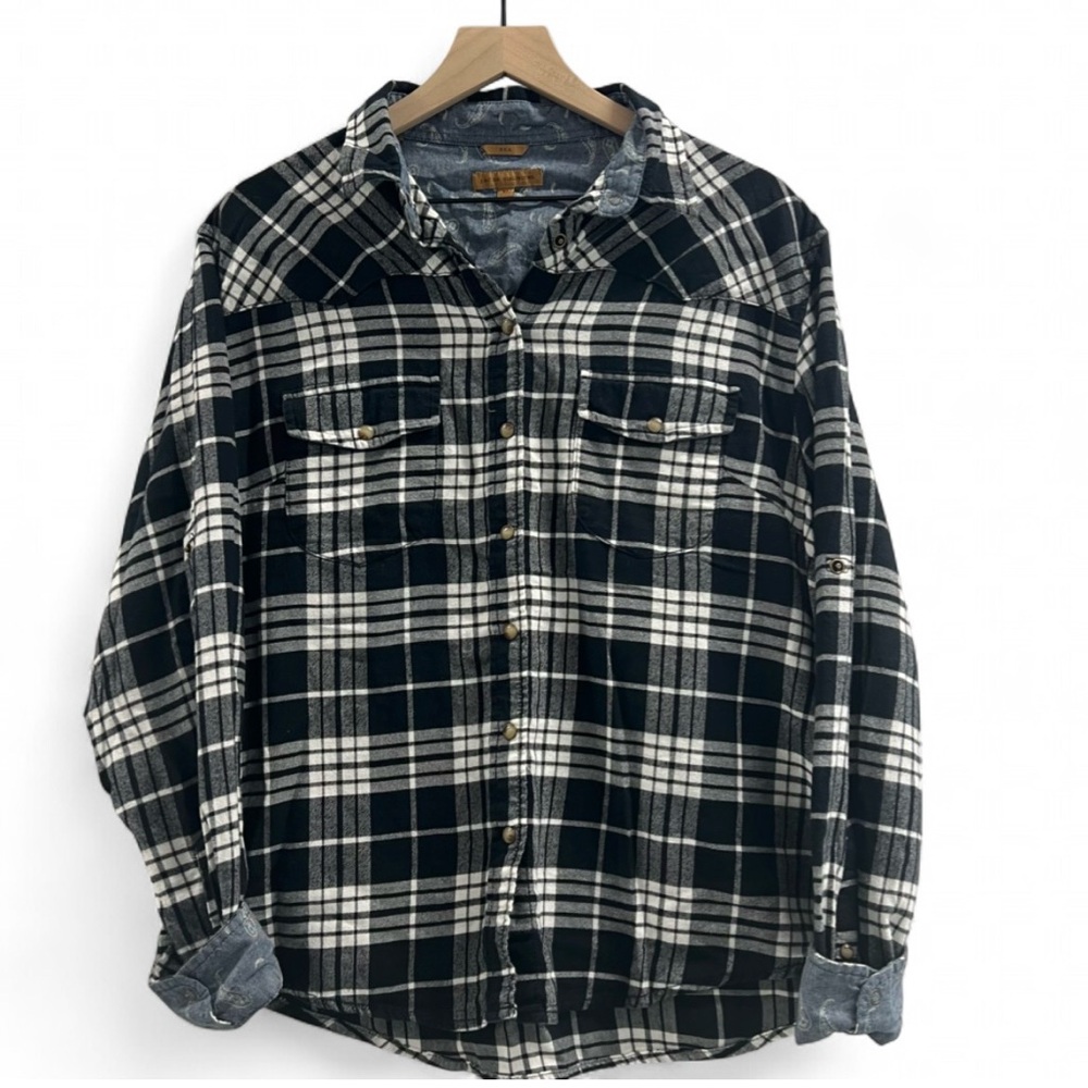 JACHS Girlfriend Bea Flannel Shirt Women’s XL Black Plaid Paisley Cuffs Button